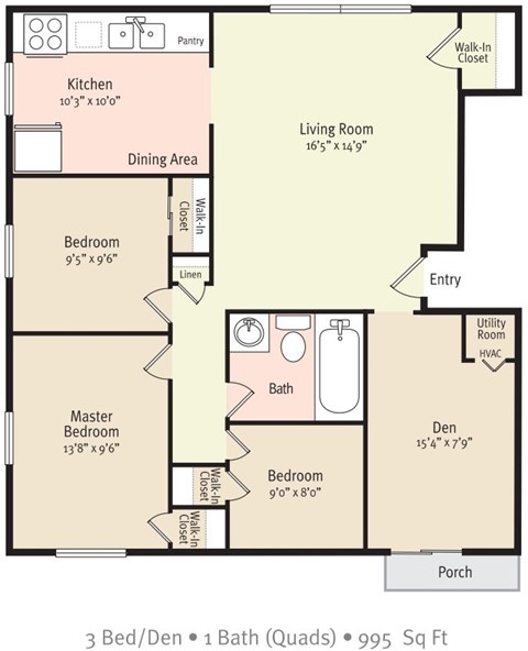 Floor plan for 3 beds, 2 baths, 985 sqft